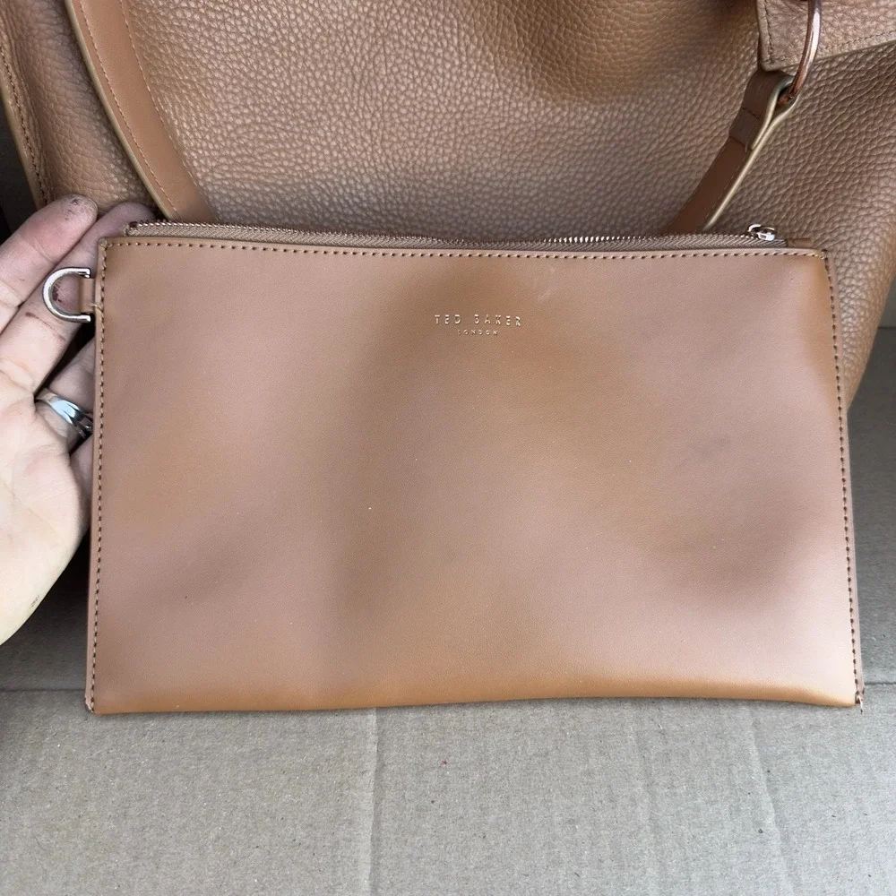 Ted Baker London Leather Pebbled Tote Bag w/ Detachable Pouch Tan Brown